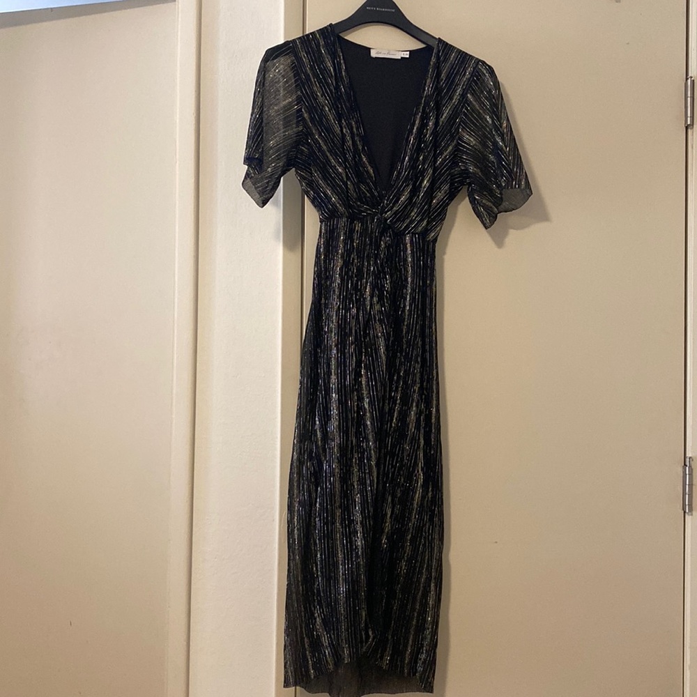 All in Favor - black & silver metallic striped dress, sheer sleeves - SZ Small